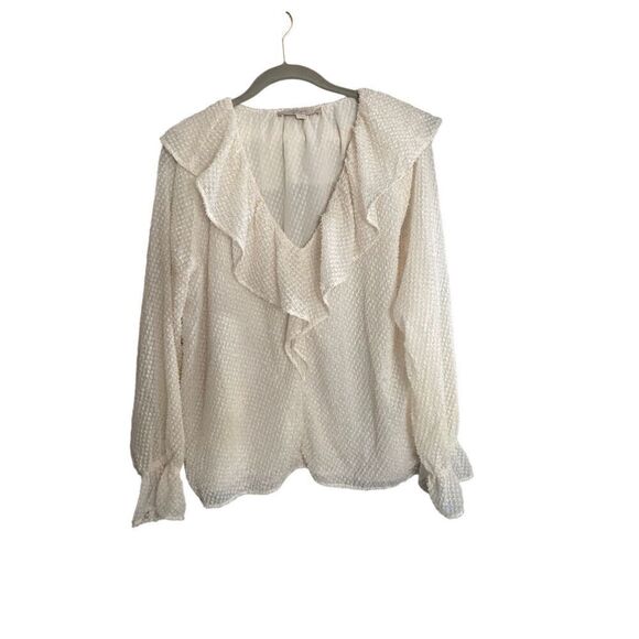 Loft white and gold shimmer ruffle Swiss.blouse size medium. - Picture 1 of 4
